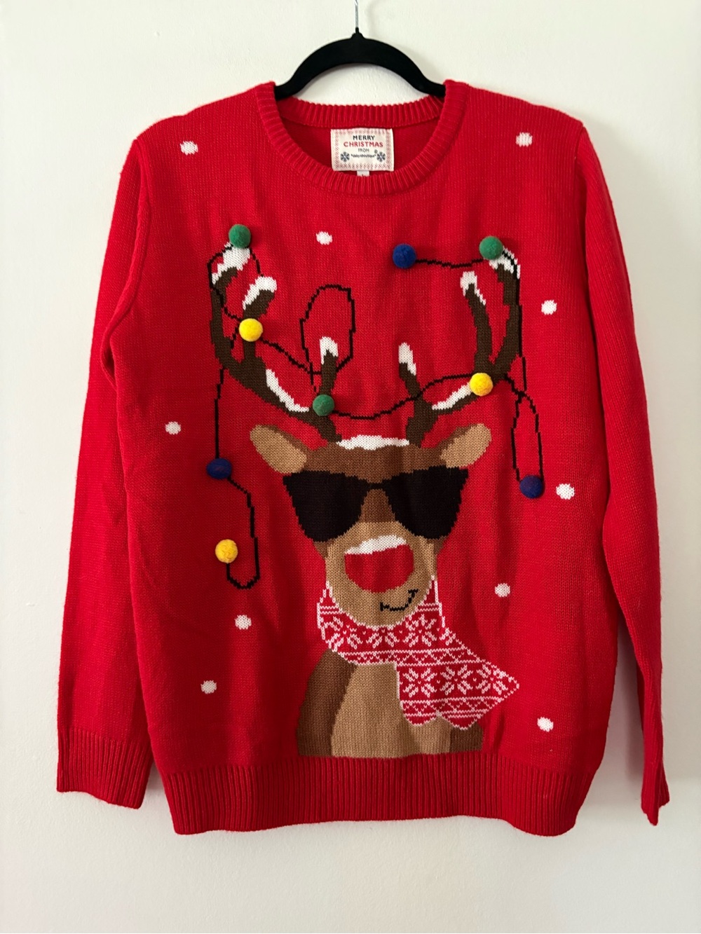 Daisysboutique Red Crewneck Reindeer Sweater with Pom Accents ugly Christmas